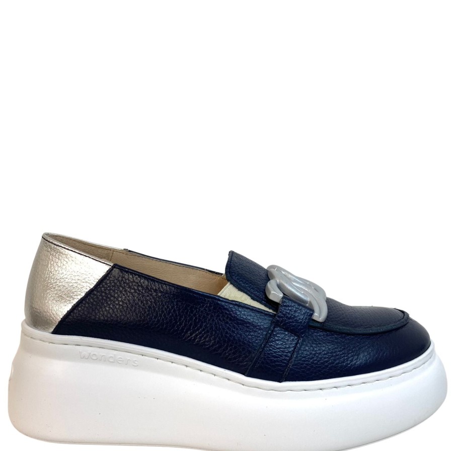 Wonders Wonders Navy Silver Leather Slip On Wedge Shoes Wholesale