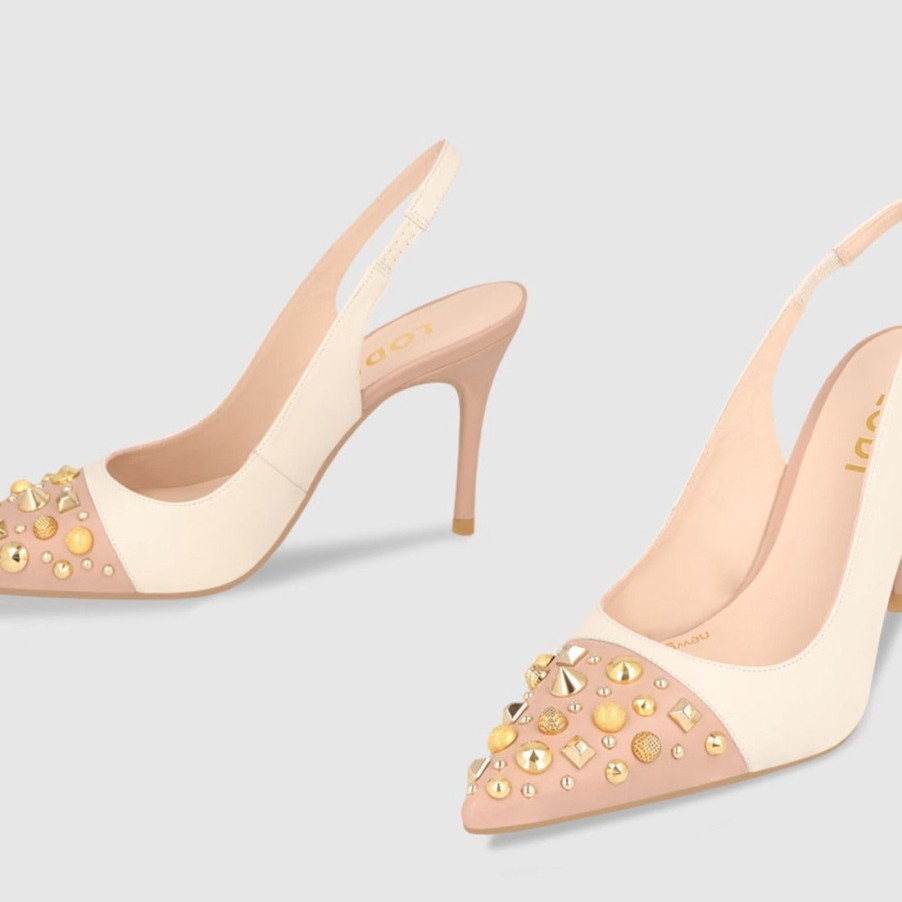 Lodi Lodi Sation Studded Sling Back Stiletto Shoes - Nude Pink New