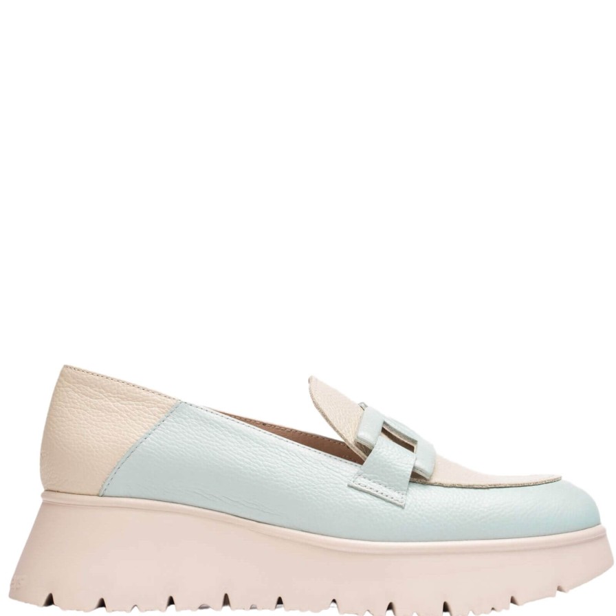 Wonders Wonders Powder Blue & Putty Leather Slip On Wedge Shoes Clearance