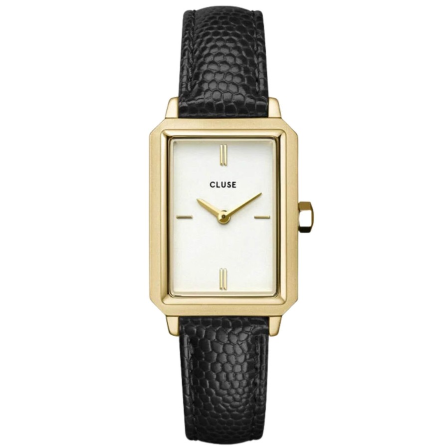 Cluse Cluse Fluette Gold Rectangle Face Black Leather Strap Watch Clearance