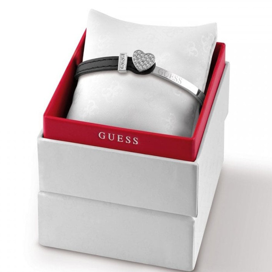 Guess Guess Silver & Black Leather Bangle Clearance