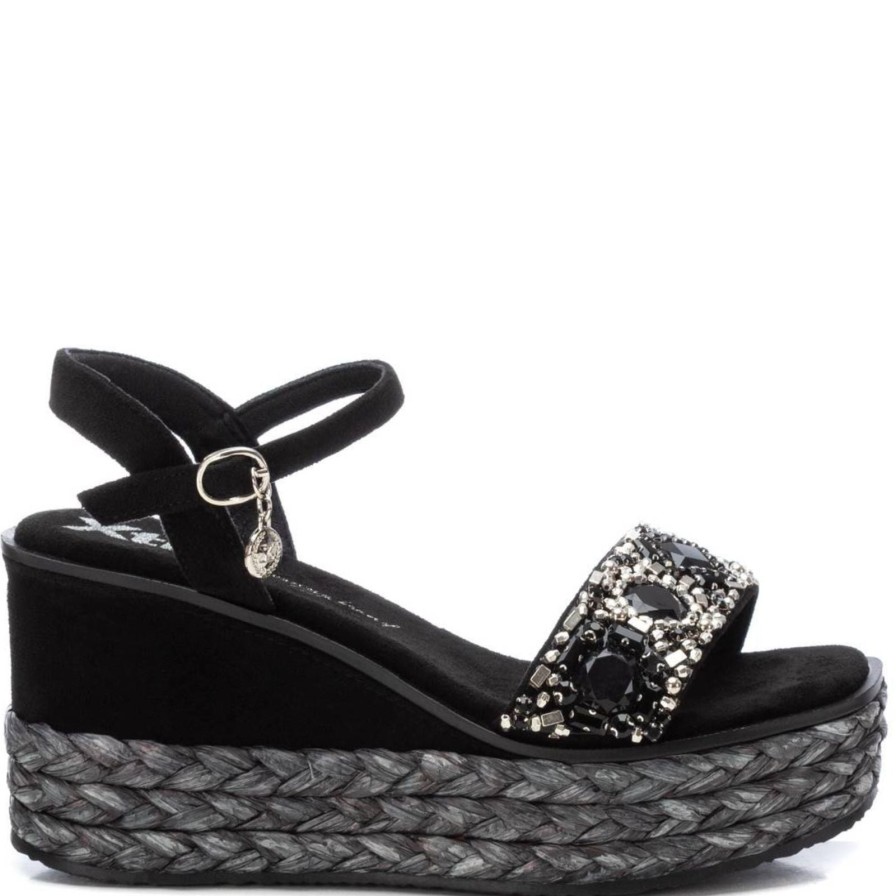 XTI Xti Black Beaded Wedge Sandals Hot