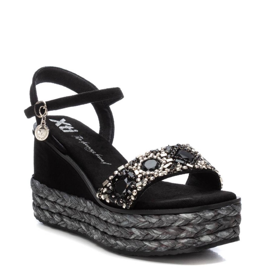 XTI Xti Black Beaded Wedge Sandals Hot