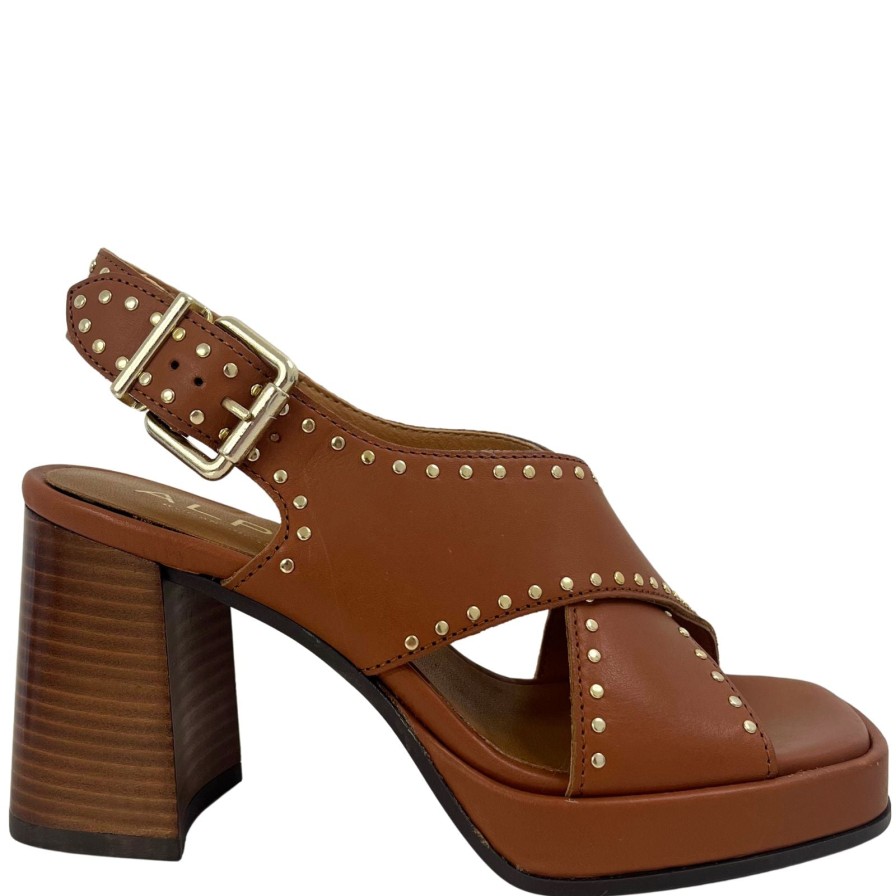 Alpe Alpe Cognac Leather Block Heel Studded Sandals Clearance