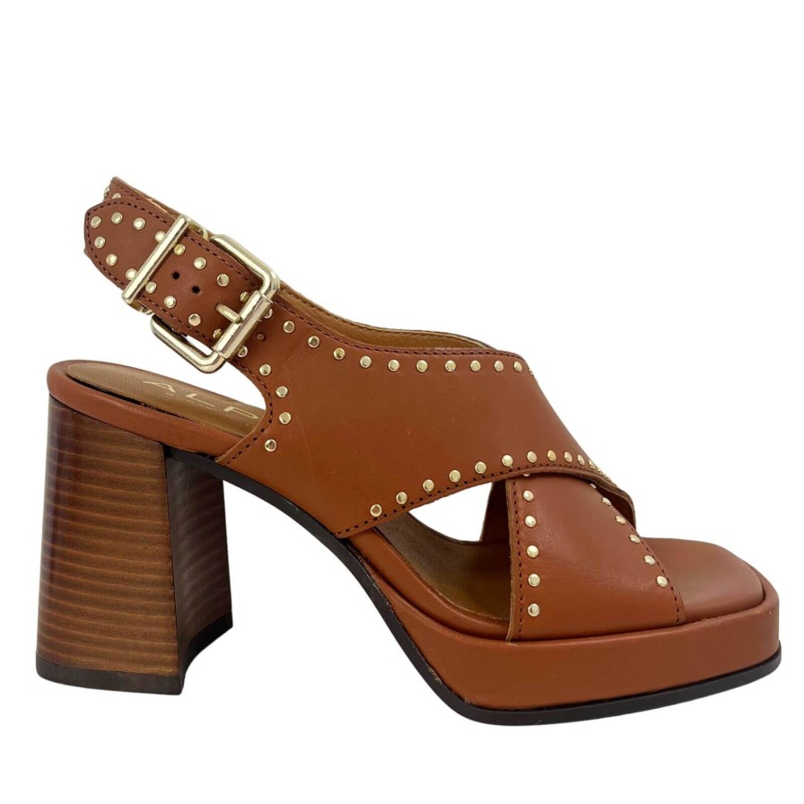 Alpe Alpe Cognac Leather Block Heel Studded Sandals Clearance