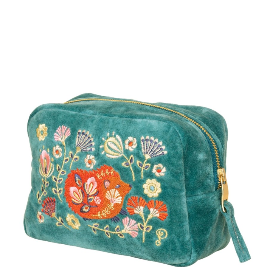 Powder Powder Folk Art Hedgehog Velvet Make Up Bag - Aqua Best