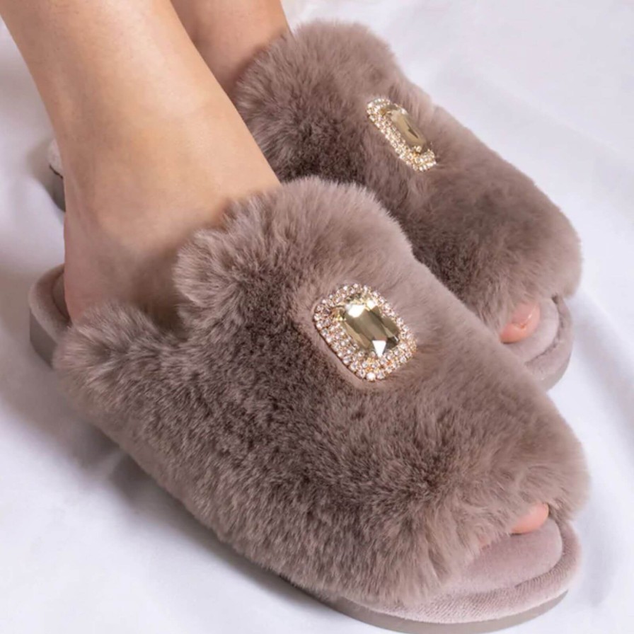 Bejeweled At Soul Fifi Taupe Fluffy Brooch Slippers Online