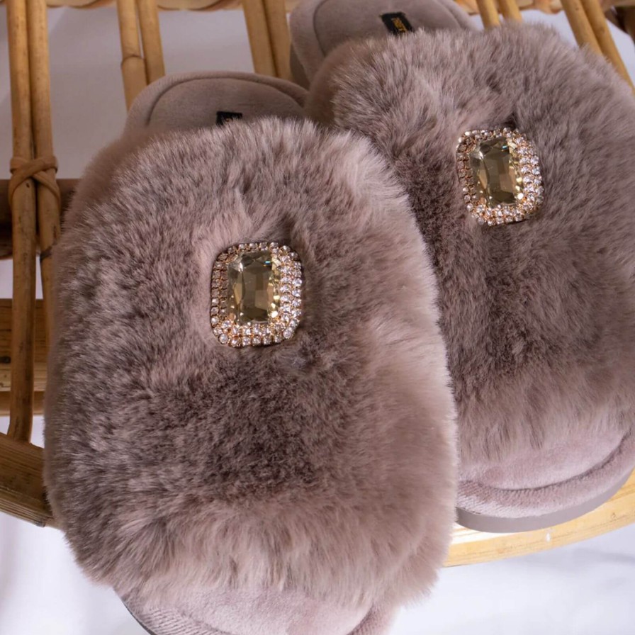 Bejeweled At Soul Fifi Taupe Fluffy Brooch Slippers Online