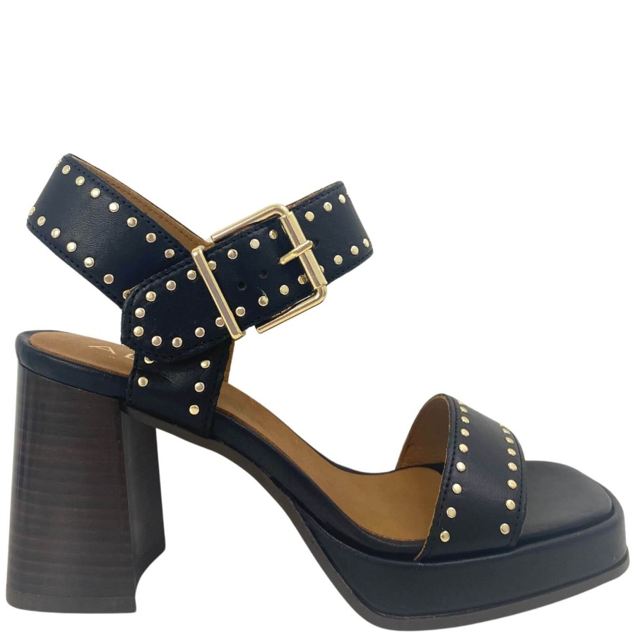 Alpe Alpe Black Leather Block Heel Studded Sandals Clearance