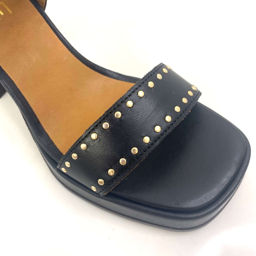 Alpe Alpe Black Leather Block Heel Studded Sandals Clearance