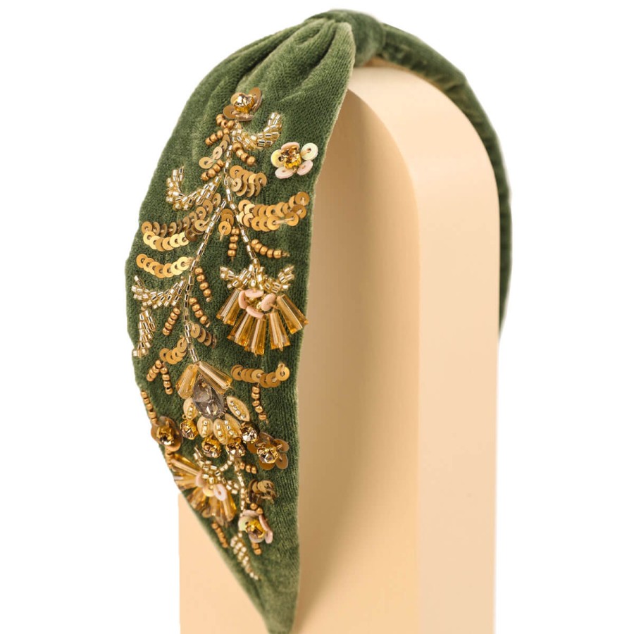 Powder Powder Green & Gold Velvet Headband New