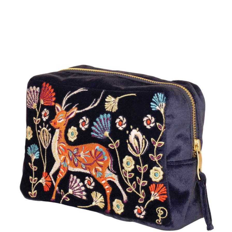 Powder Powder Folk Art Deer Velvet Make Up Bag - Slate Best