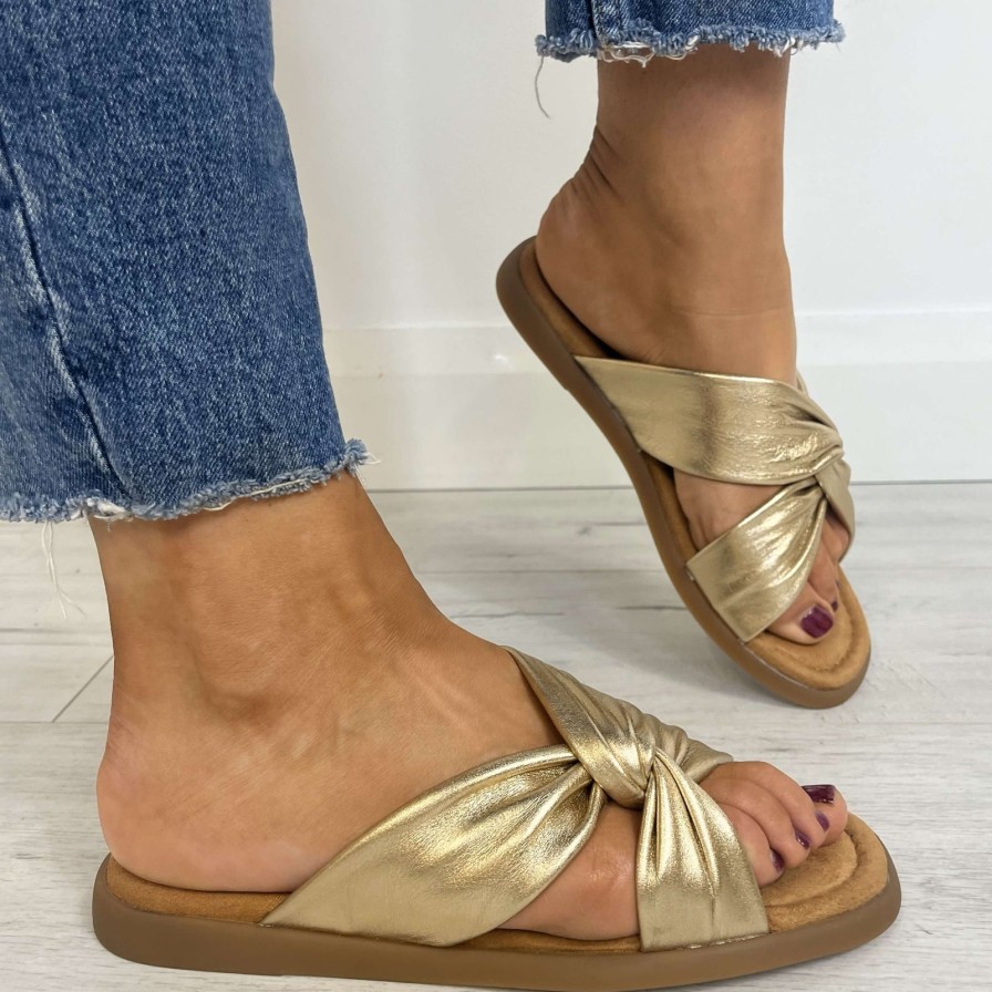 Unisa Unisa Camby Gold Square Toe Flat Mule Sandals New