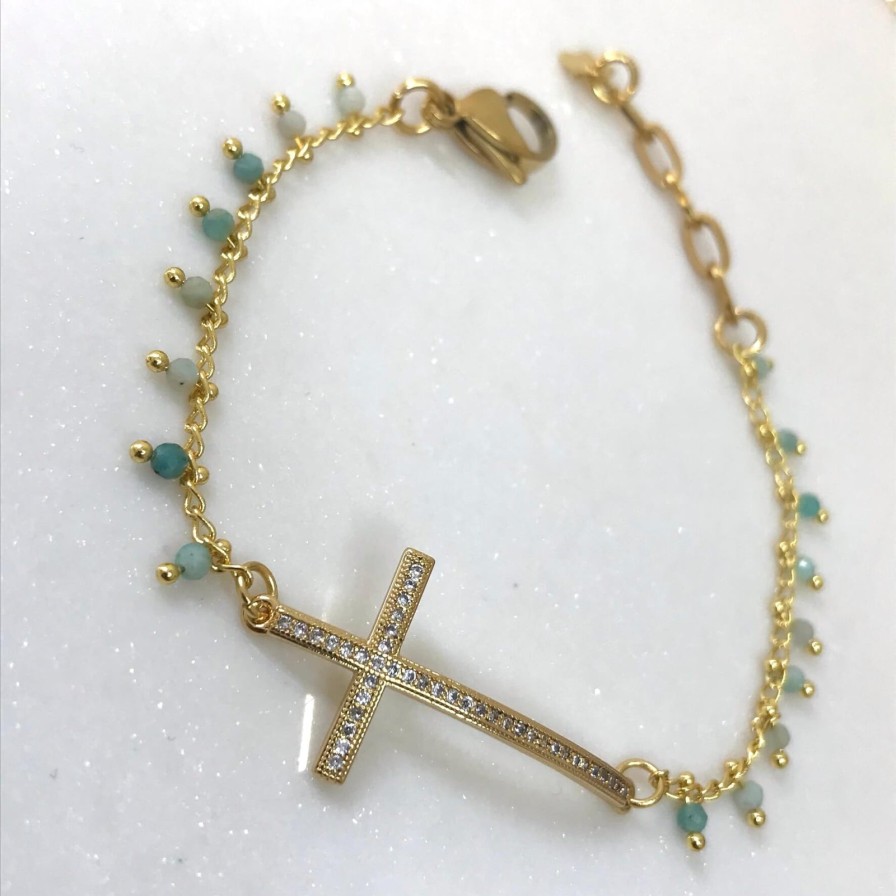 Angela D'Arcy Angela D'Arcy Gemstone Gold Cross Bracelet - Amazonite Best