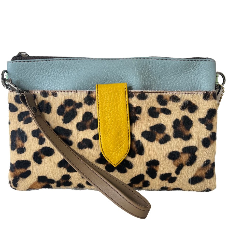 Soruka Soruka Nikki Leather Wristlet Bag - Duck Egg Blue Leopard Clearance