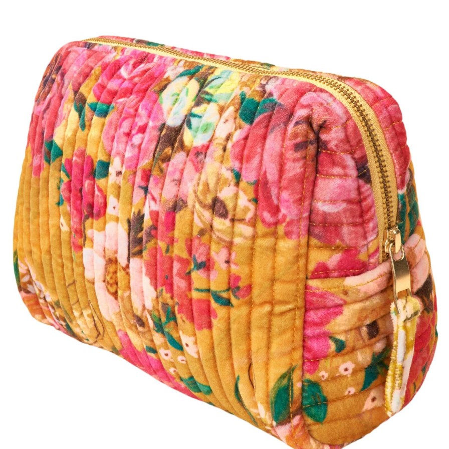 Powder Powder Impressionist Floral Quilted Printed Velvet Wash Bag - Mustard Hot