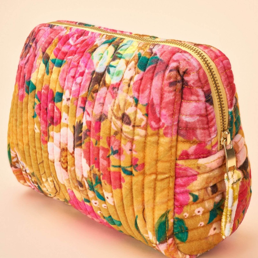 Powder Powder Impressionist Floral Quilted Printed Velvet Wash Bag - Mustard Hot