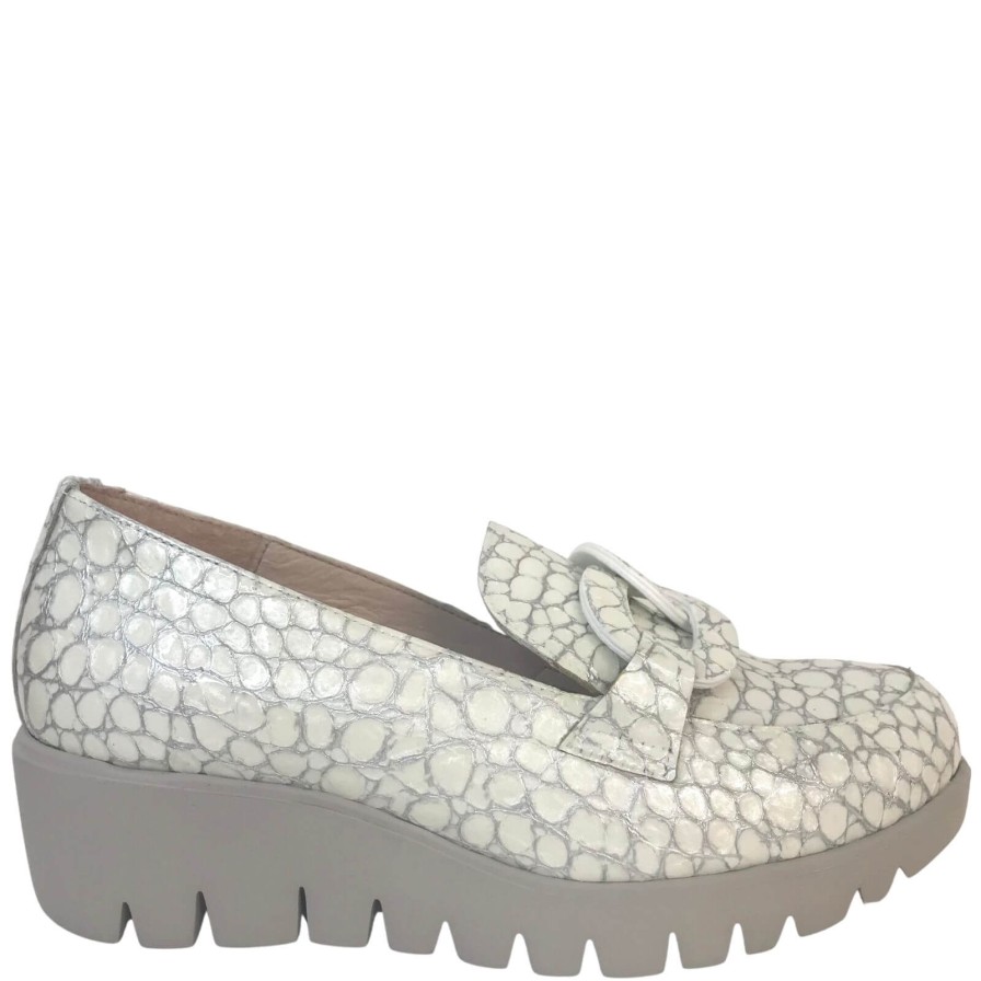 Wonders Wonders Cream Silver Mix Leather Slip On Wedge Shoes Clearance