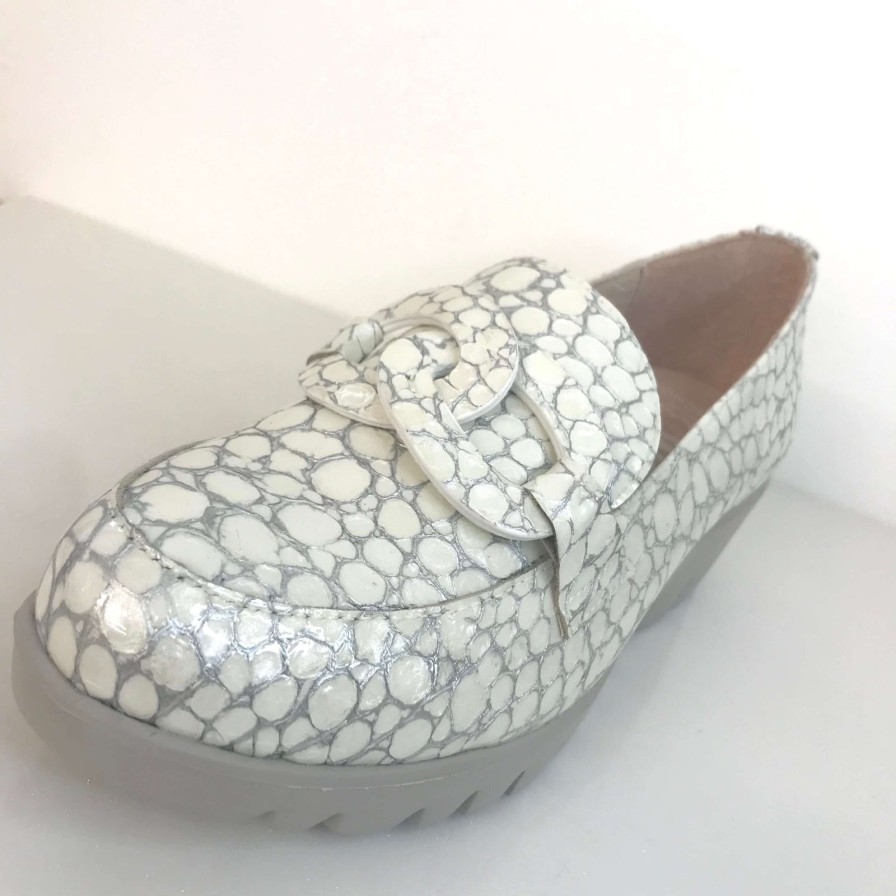 Wonders Wonders Cream Silver Mix Leather Slip On Wedge Shoes Clearance