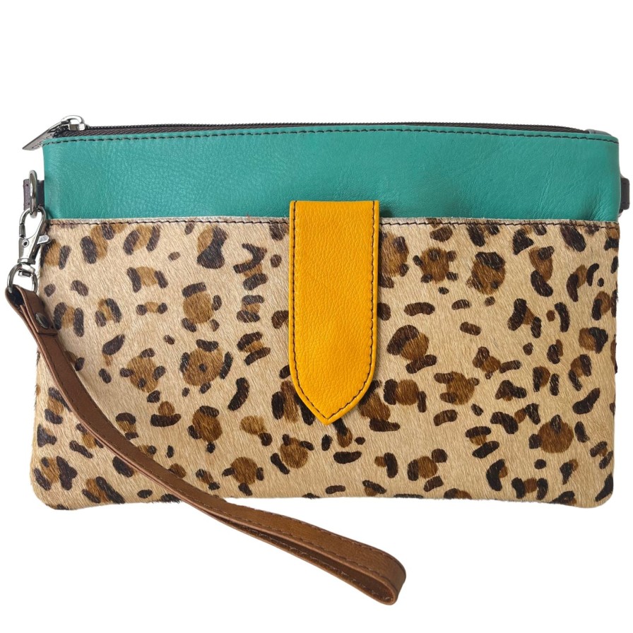 Soruka Soruka Nikki Leather Wristlet Bag - Green Leopard Clearance