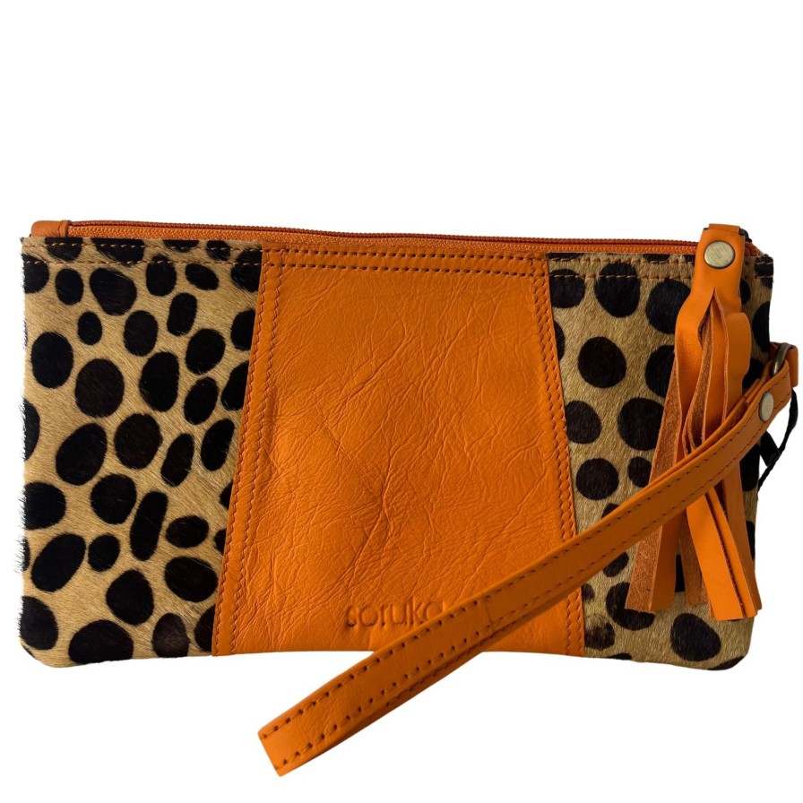 Soruka Soruka Jenna Leather Tassel Pouch - Orange/Large Dot Clearance