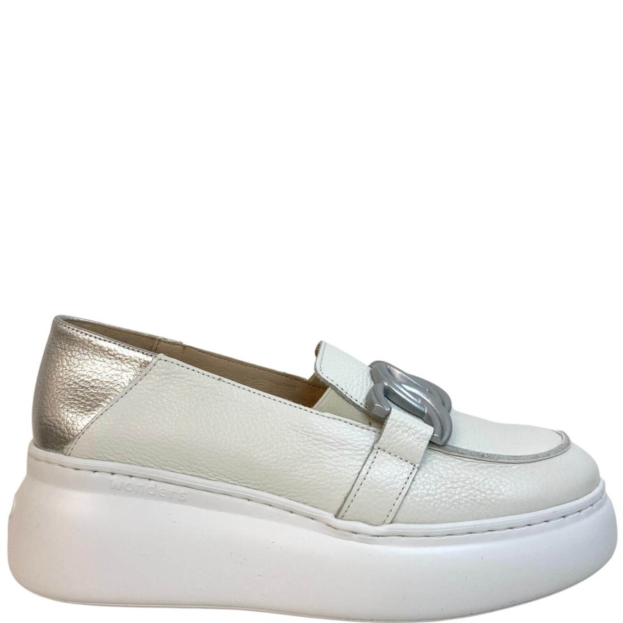 Wonders Wonders White Silver Leather Slip On Wedge Shoes New