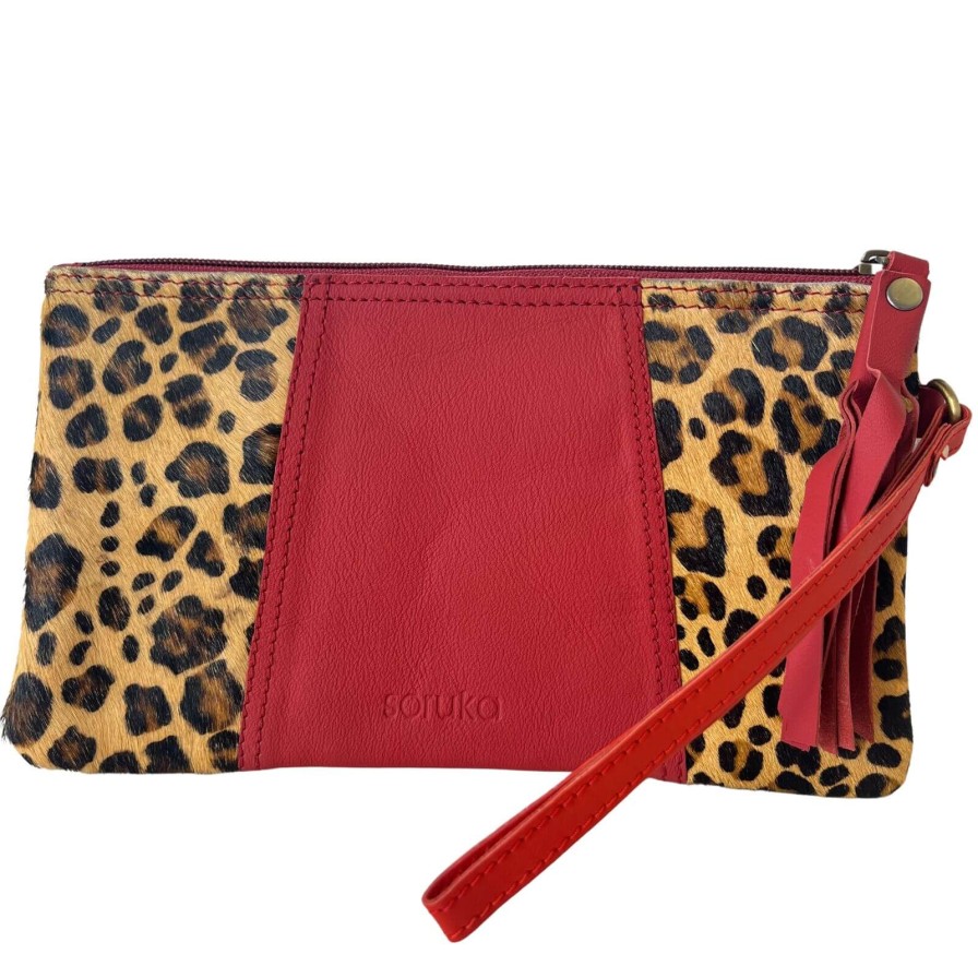 Soruka Soruka Jenna Leather Tassel Pouch - Red/Leopard New