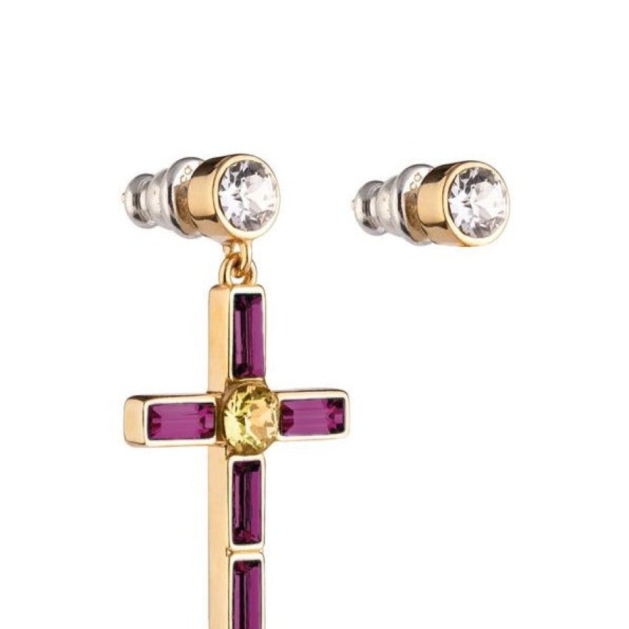 Rebecca Judith Rebecca Judith Gold Drop Jewelled Cross Earring & Stud - Purple Online