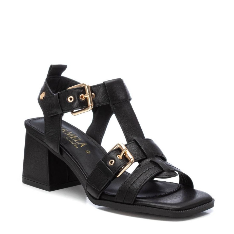 Carmela Carmela Black Leather Block Heel Sandals Online