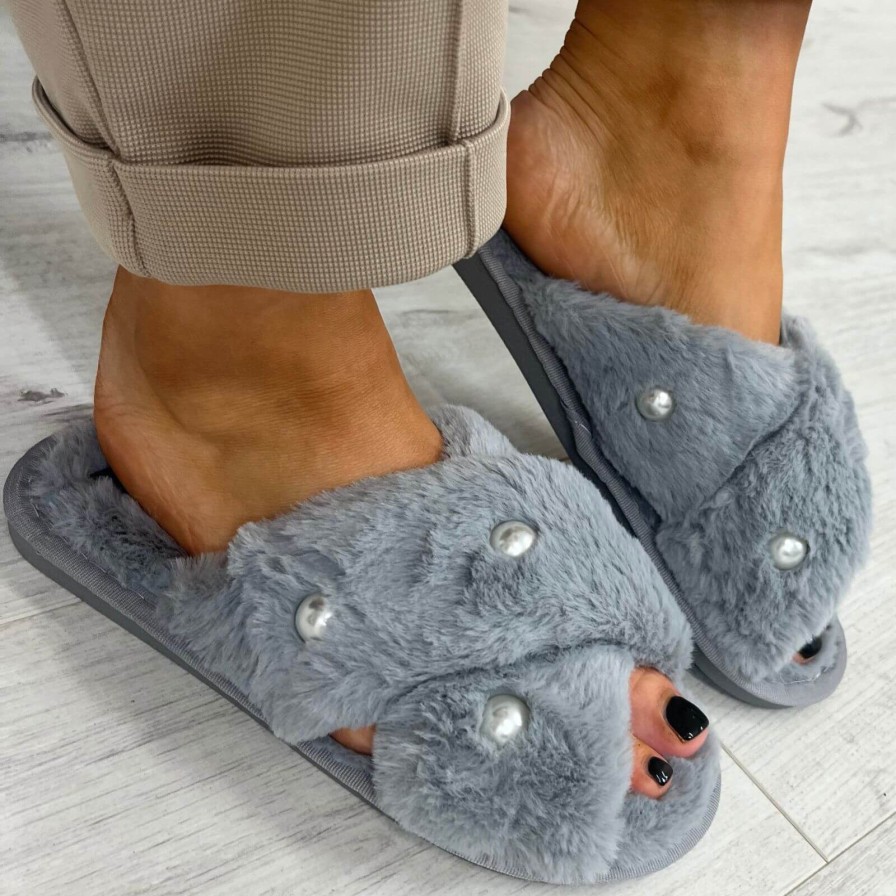 Bejeweled At Soul Grey Fluffy Crossover Pearl Slippers New