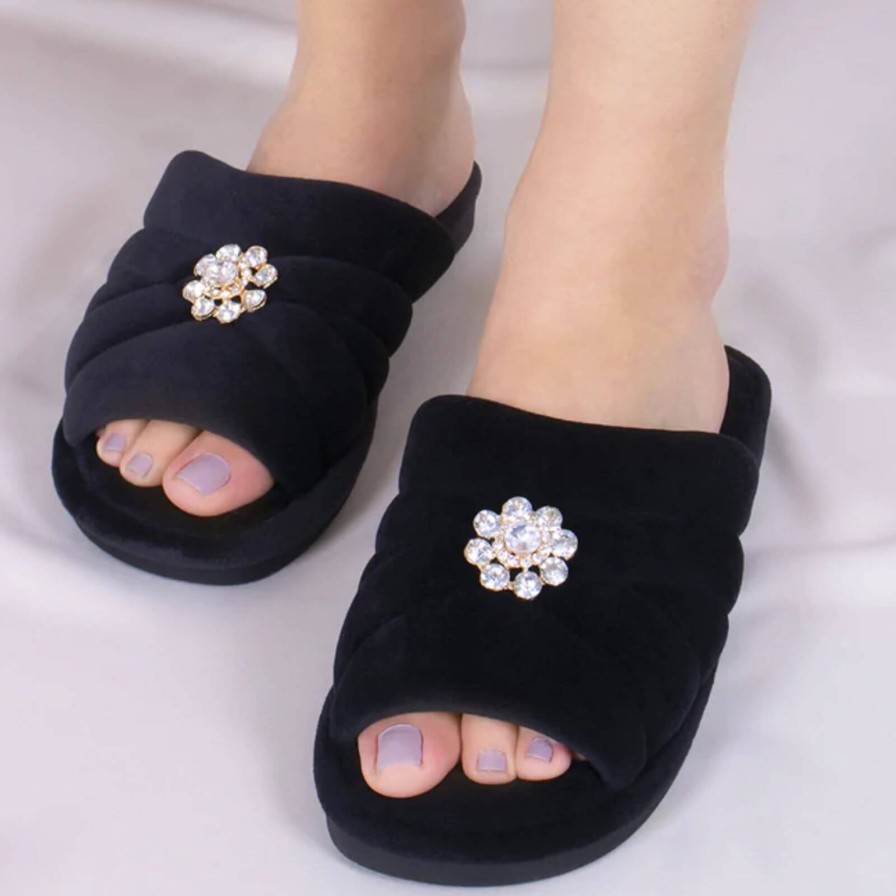 Bejeweled At Soul Faye Black Brooch Slippers New