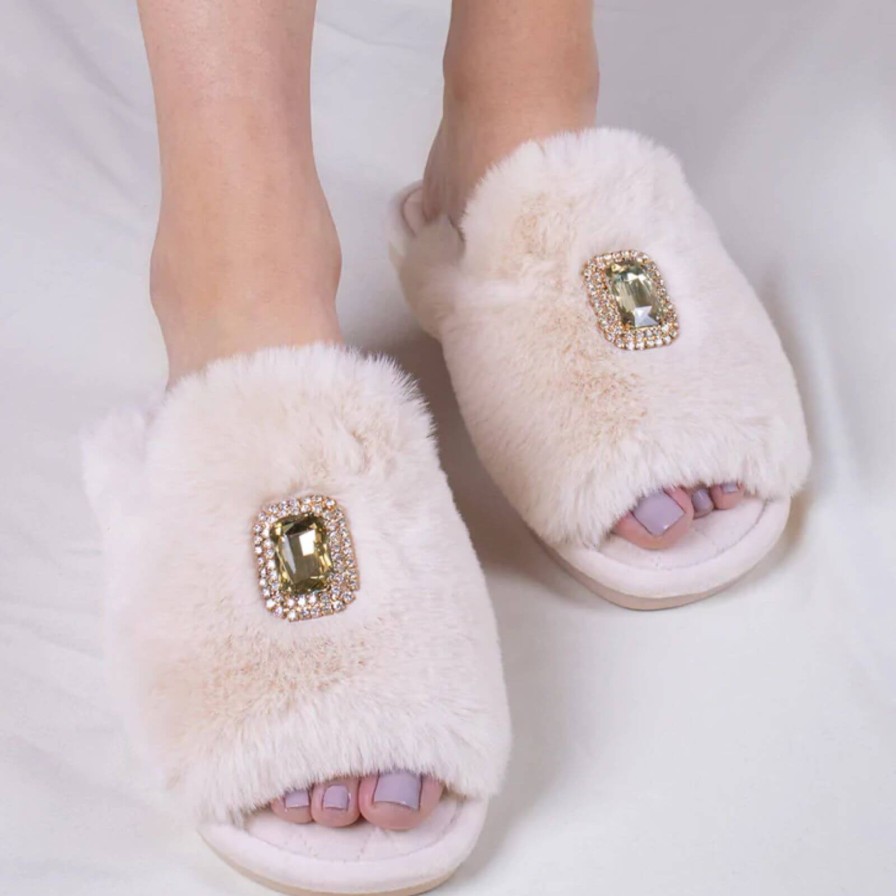 Bejeweled At Soul Fifi Champagne Fluffy Brooch Slippers Clearance