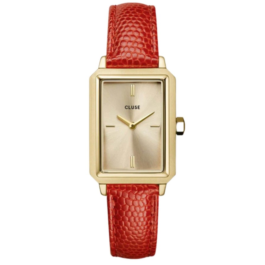 Cluse Cluse Fluette Gold Rectangle Face Coral Leather Strap Watch Best