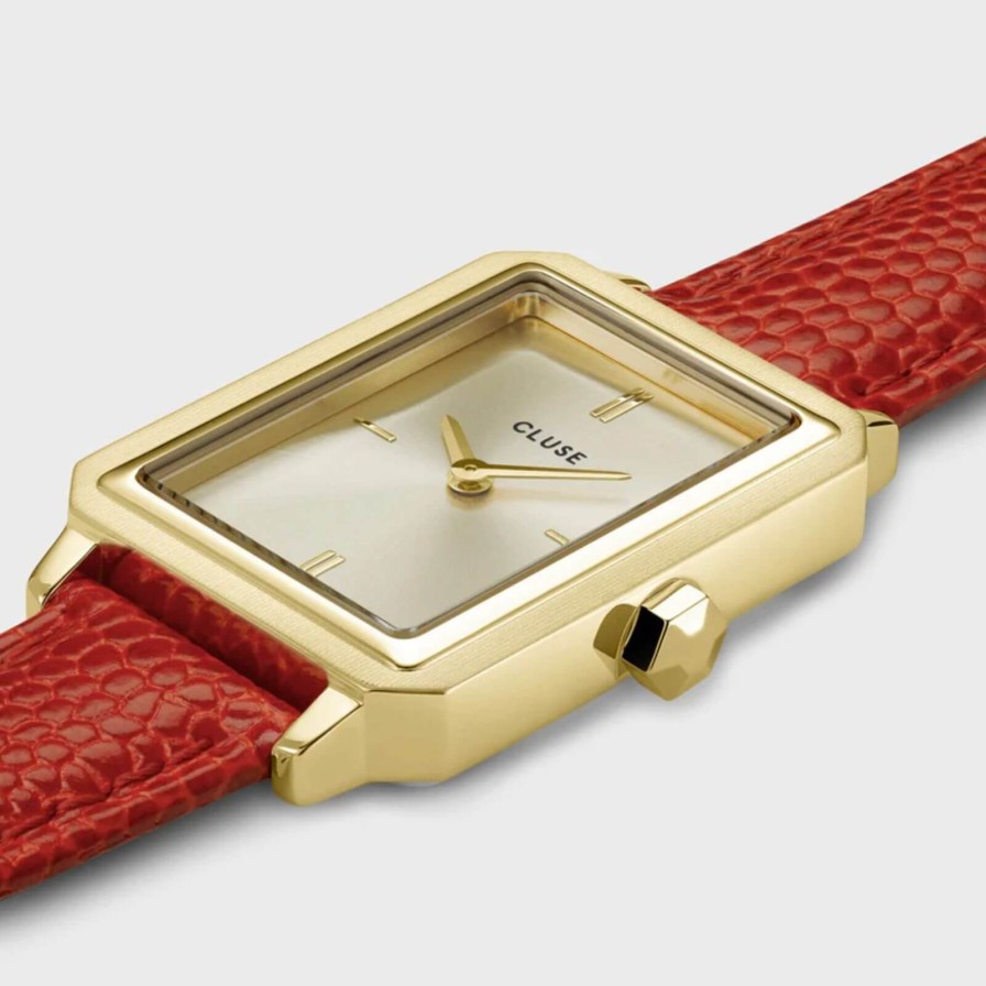 Cluse Cluse Fluette Gold Rectangle Face Coral Leather Strap Watch Best