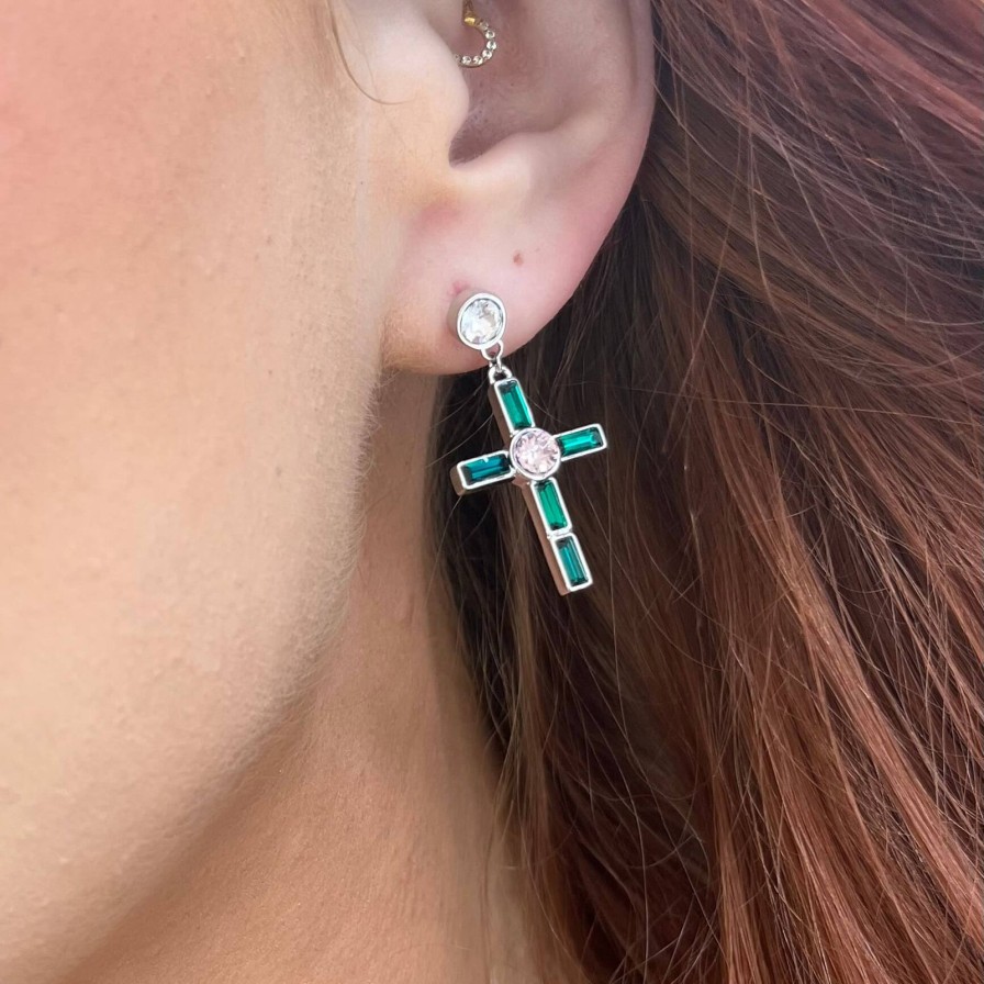 Rebecca Judith Rebecca Judith Silver Drop Jewelled Cross Earring & Stud - Emerald Green Clearance