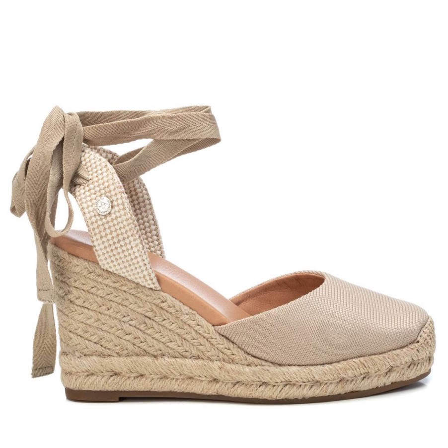 XTI Xti Beige Ankle Tie Wedge Shoes New