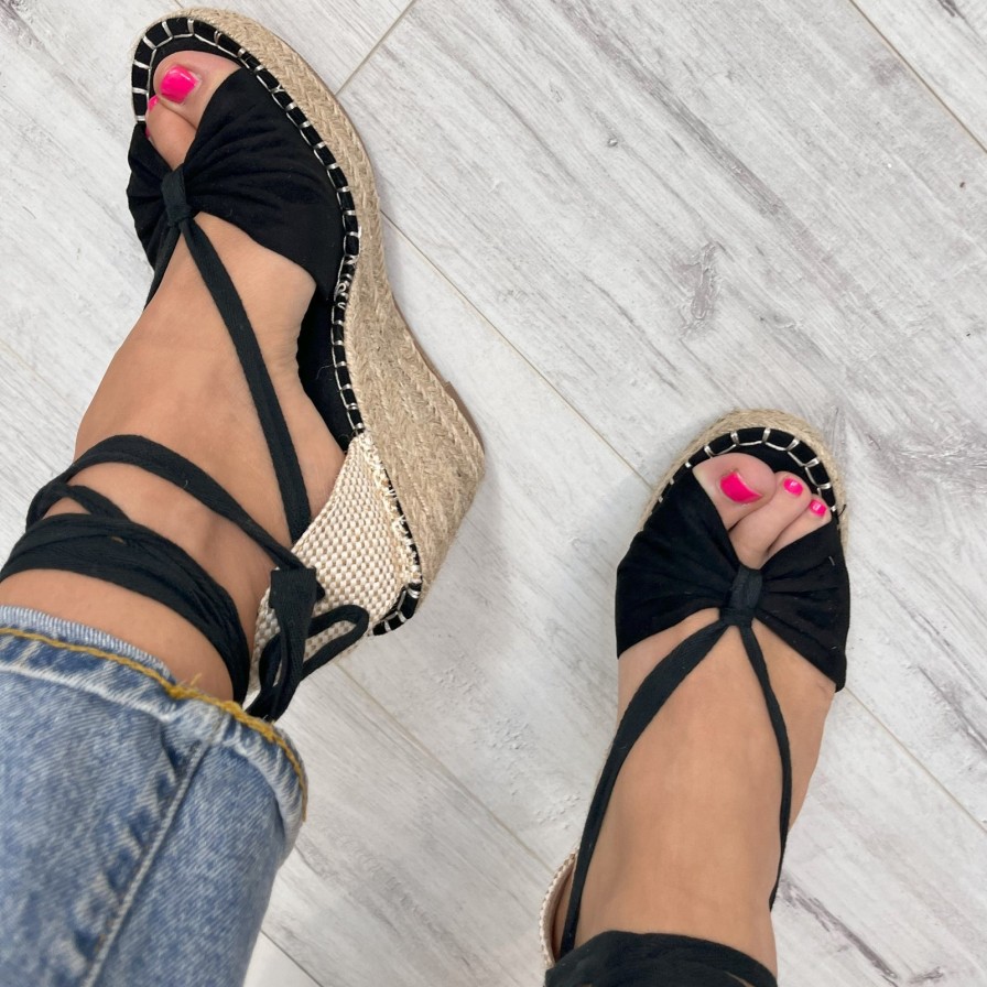 XTI Xti Black Wrap Around Ankle Tie Wedge Sandals Online