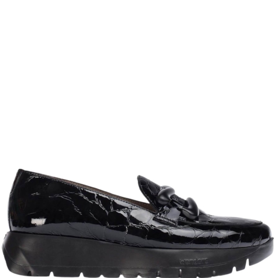 Wonders Wonders Black Patent Leather Slip On Wedge Shoes Clearance