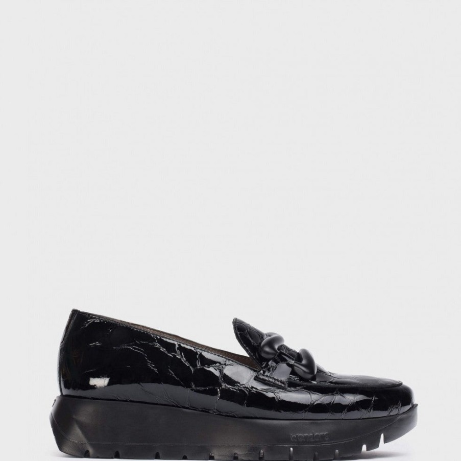 Wonders Wonders Black Patent Leather Slip On Wedge Shoes Clearance