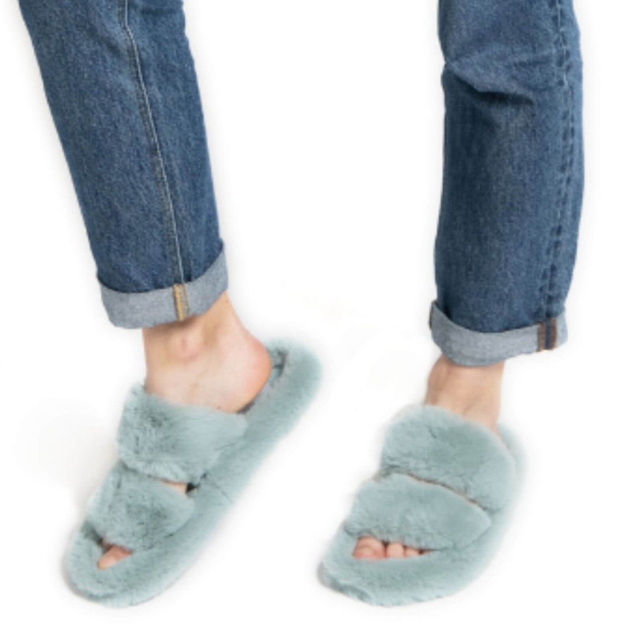 Miss Sparrow Miss Sparrow Double Strap Faux Fur Slippers - Duck Egg Clearance