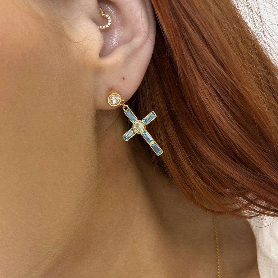 Rebecca Judith Rebecca Judith Gold Drop Jewelled Cross Earring & Stud - Turquoise Wholesale