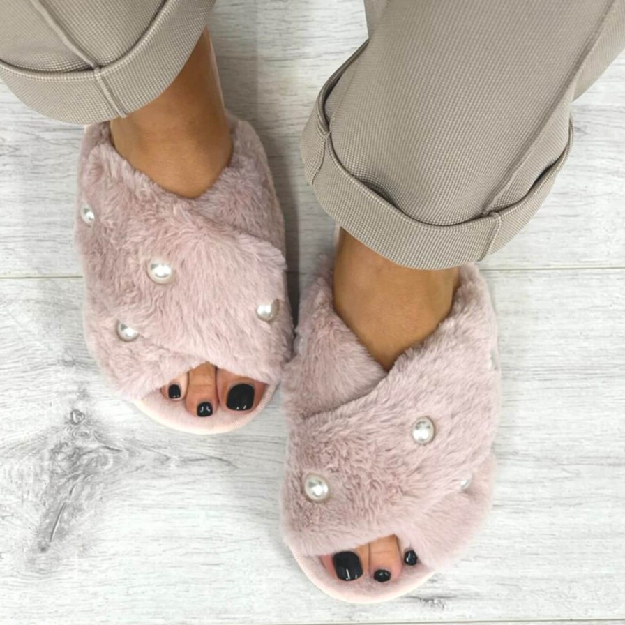 Bejeweled At Soul Pink Fluffy Crossover Pearl Slippers Clearance