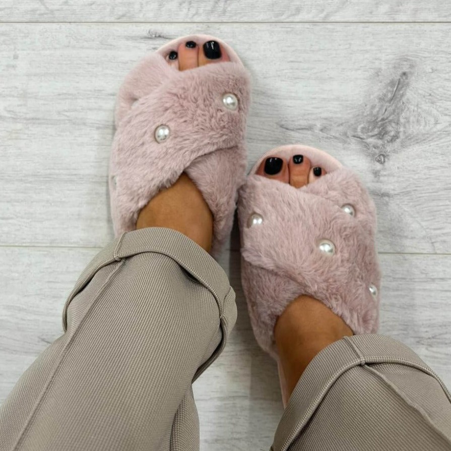 Bejeweled At Soul Pink Fluffy Crossover Pearl Slippers Clearance