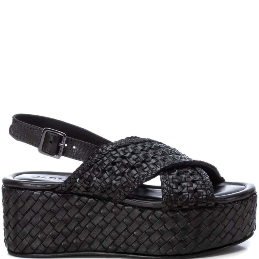 Carmela Carmela Black Leather Crossover Flatform Sole Sandals Clearance