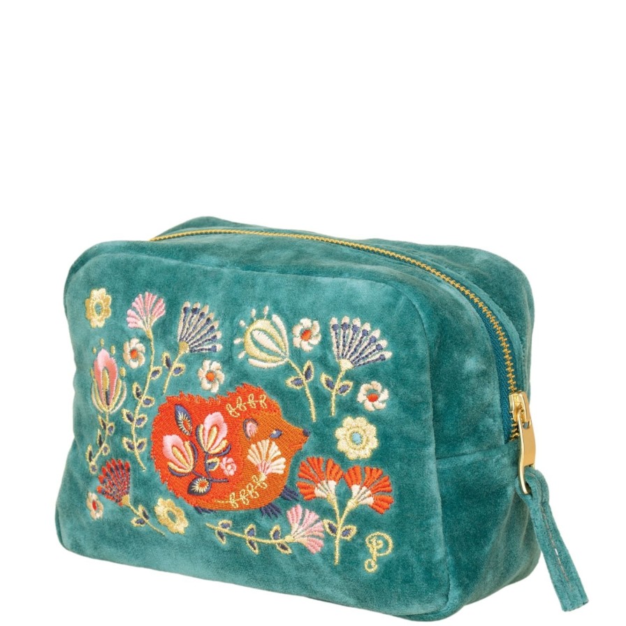 Powder Powder Folk Art Hedgehog Velvet Make Up Bag - Aqua New