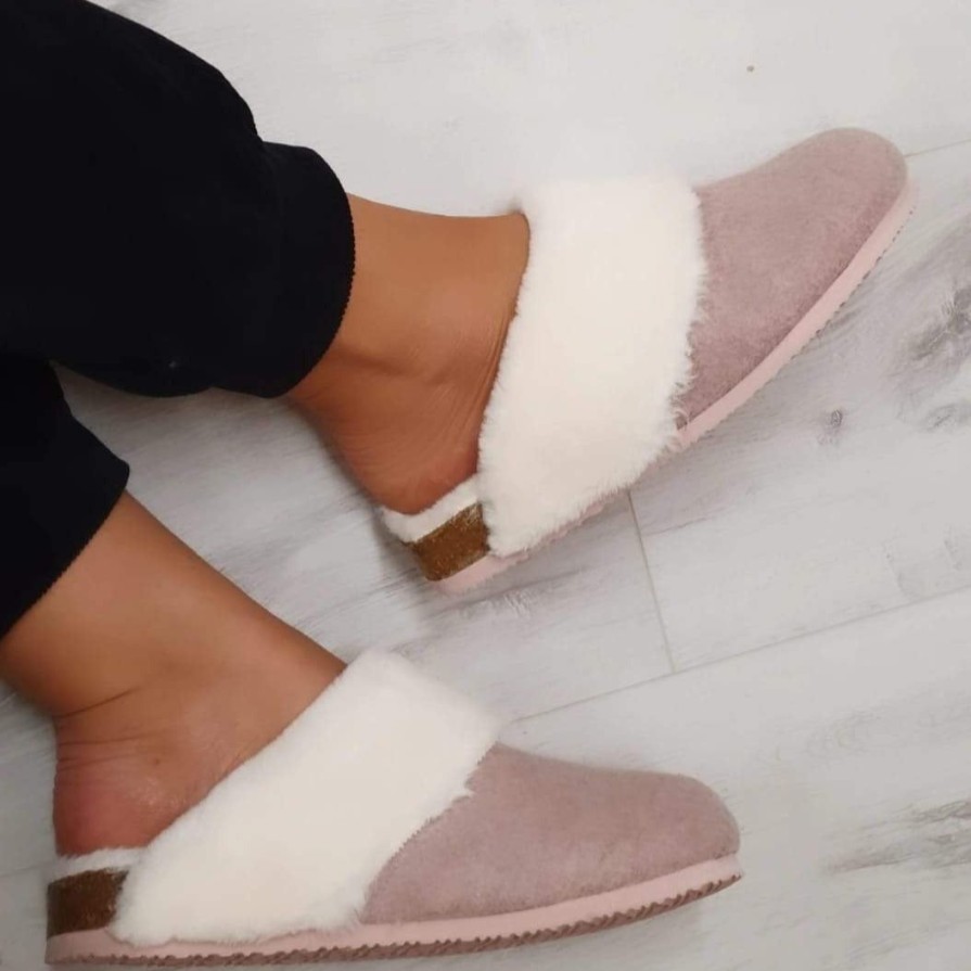 XTI Xti Faux Fur Trim Slippers - Pink New