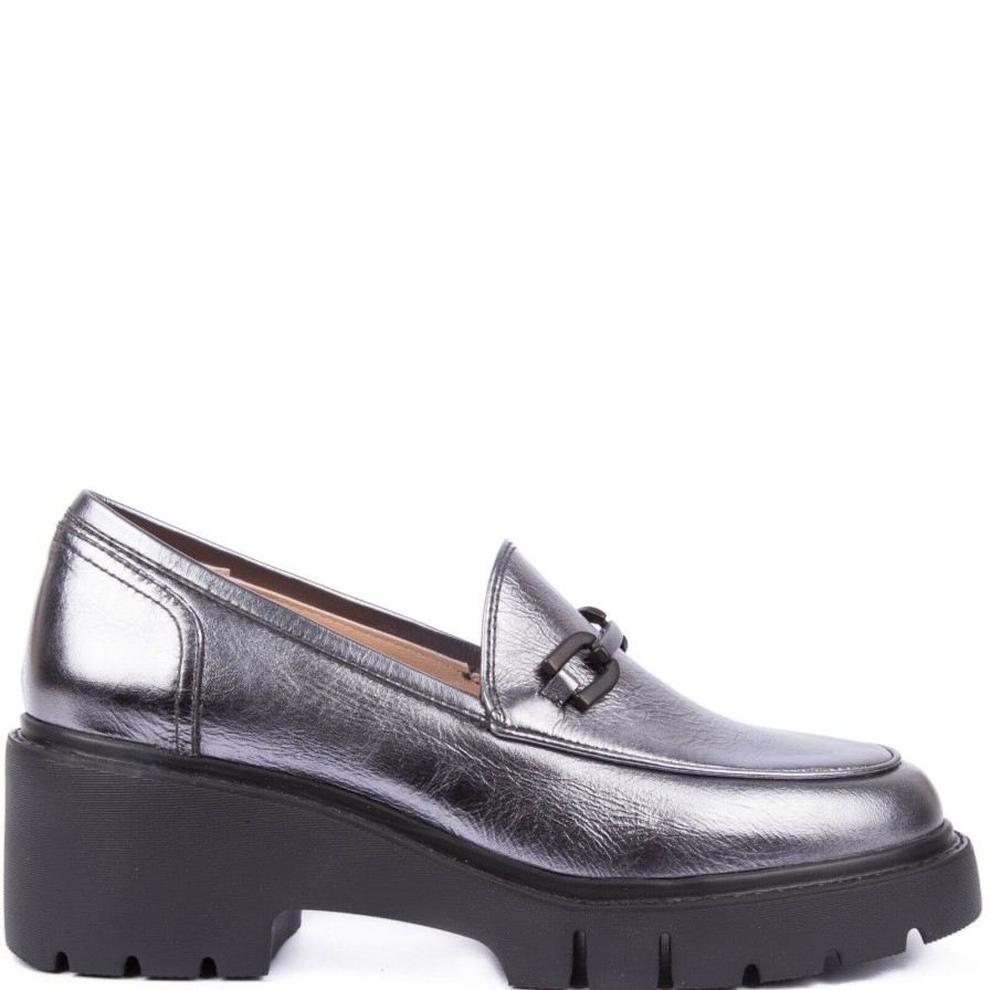 Unisa Unisa Jazz Silver Metallic Leather Black Sole Loafers Clearance