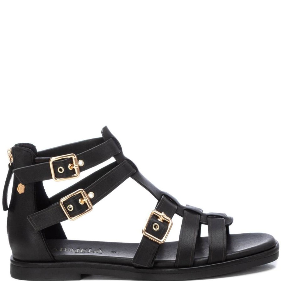 Carmela Carmela Black Leather Strappy Flat Sandals Hot