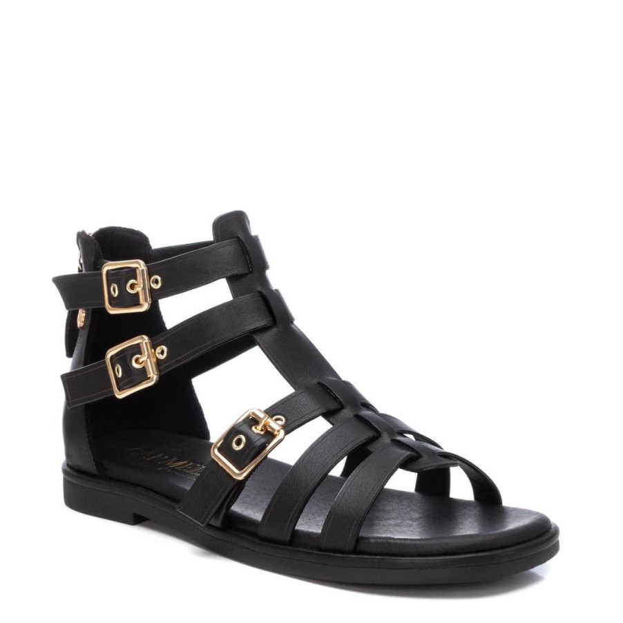 Carmela Carmela Black Leather Strappy Flat Sandals Hot