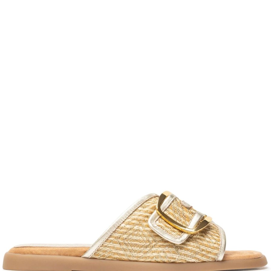 Unisa Unisa Cray Gold Buckle Square Toe Flat Sandals New